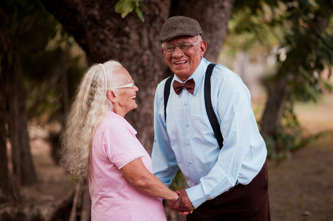 happy senior couple walking