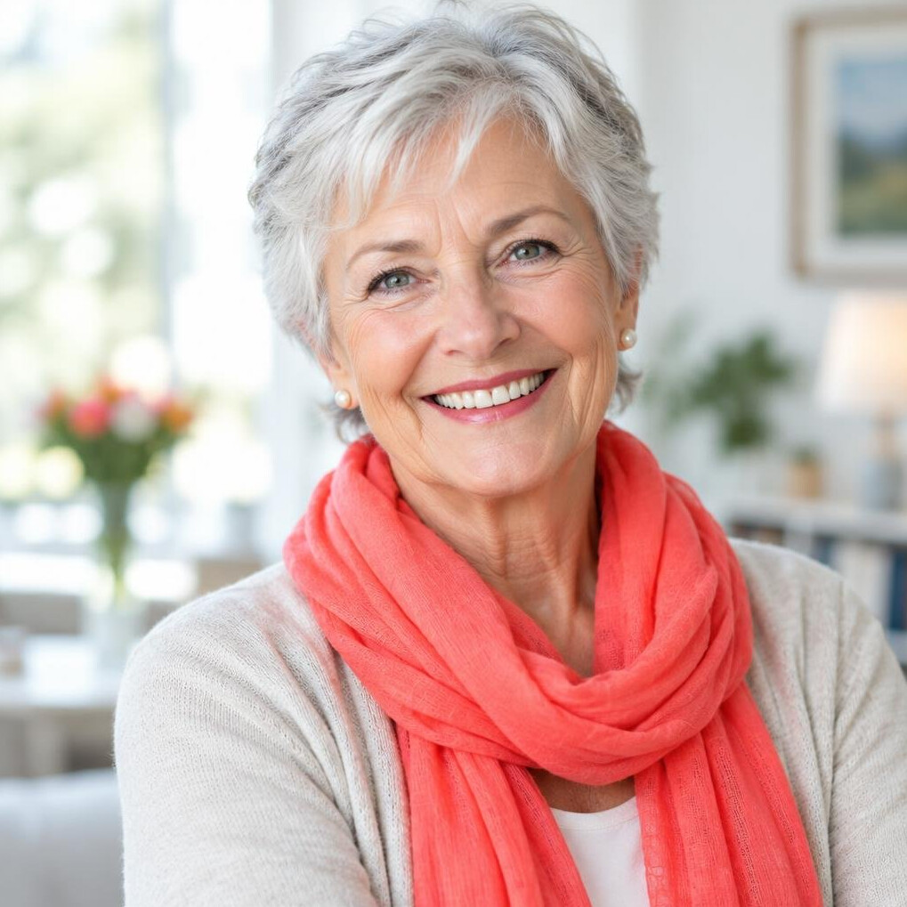 Portrait of a smiling 72 year old woman with short silver hair