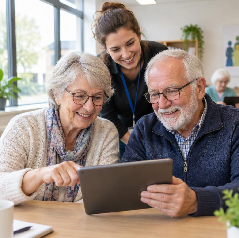 Older woman and man learning to use a tablet together in a bright room
