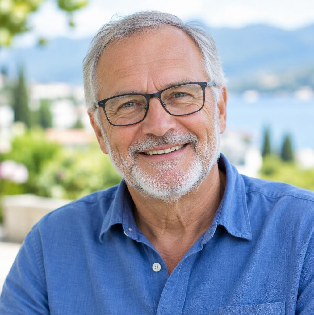 Portrait of a smiling 68 year old man with glasses and a blue shirt